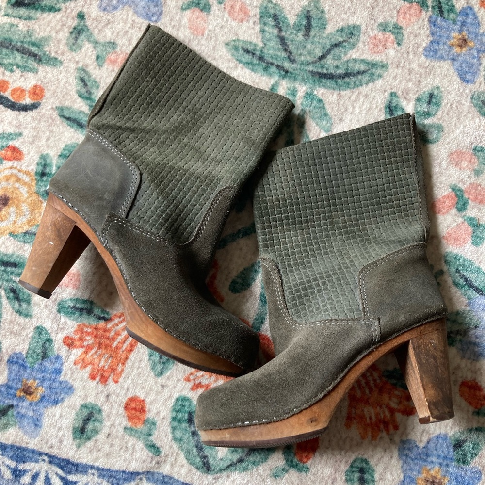 Sanita 37 Women's Green Suede Block Heel Ankle Boots